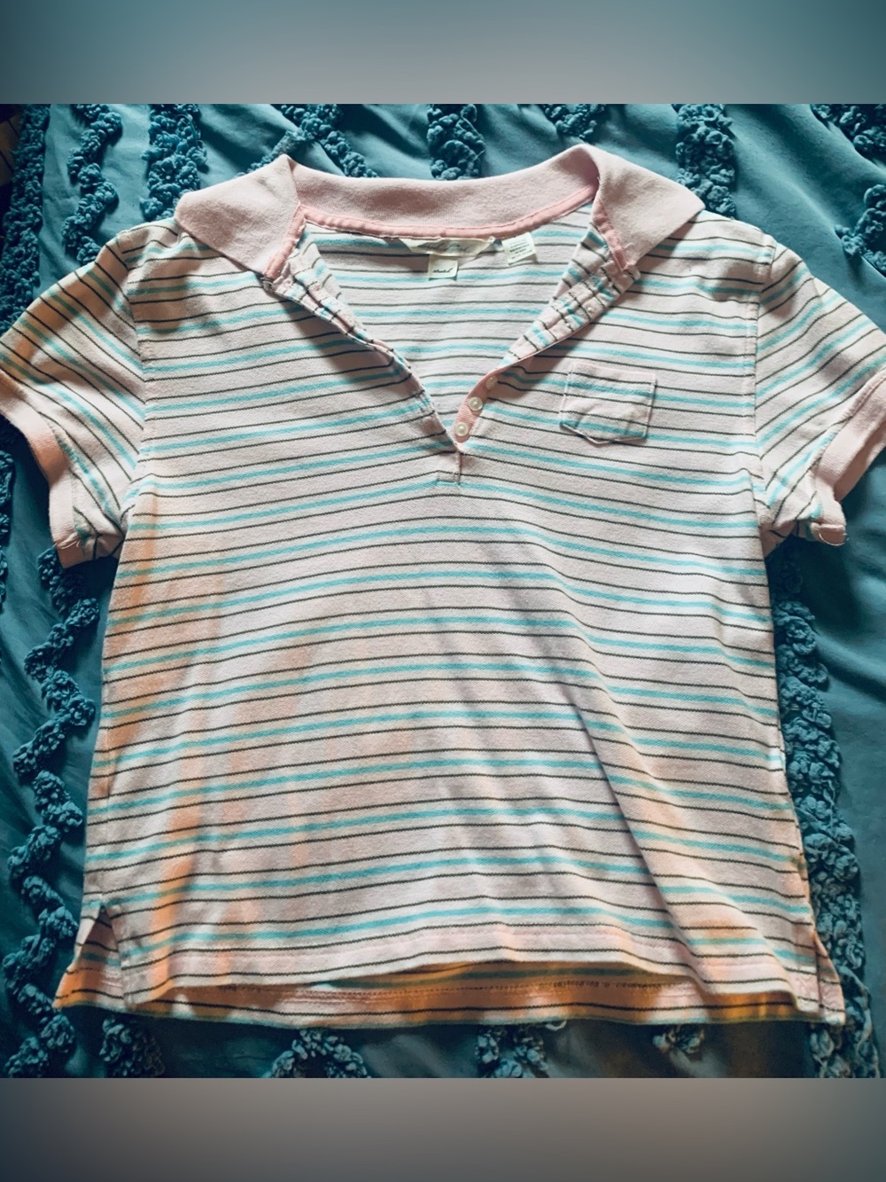 Derek Heart Y2K Pastel Pink, Teal and White Striped Preppy Cropped Polo Shirt